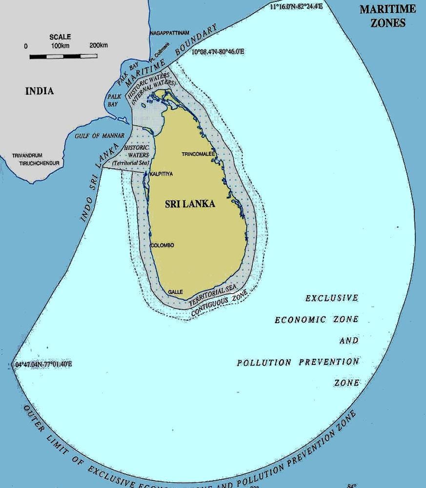 карта на Шри Ланка, на морето