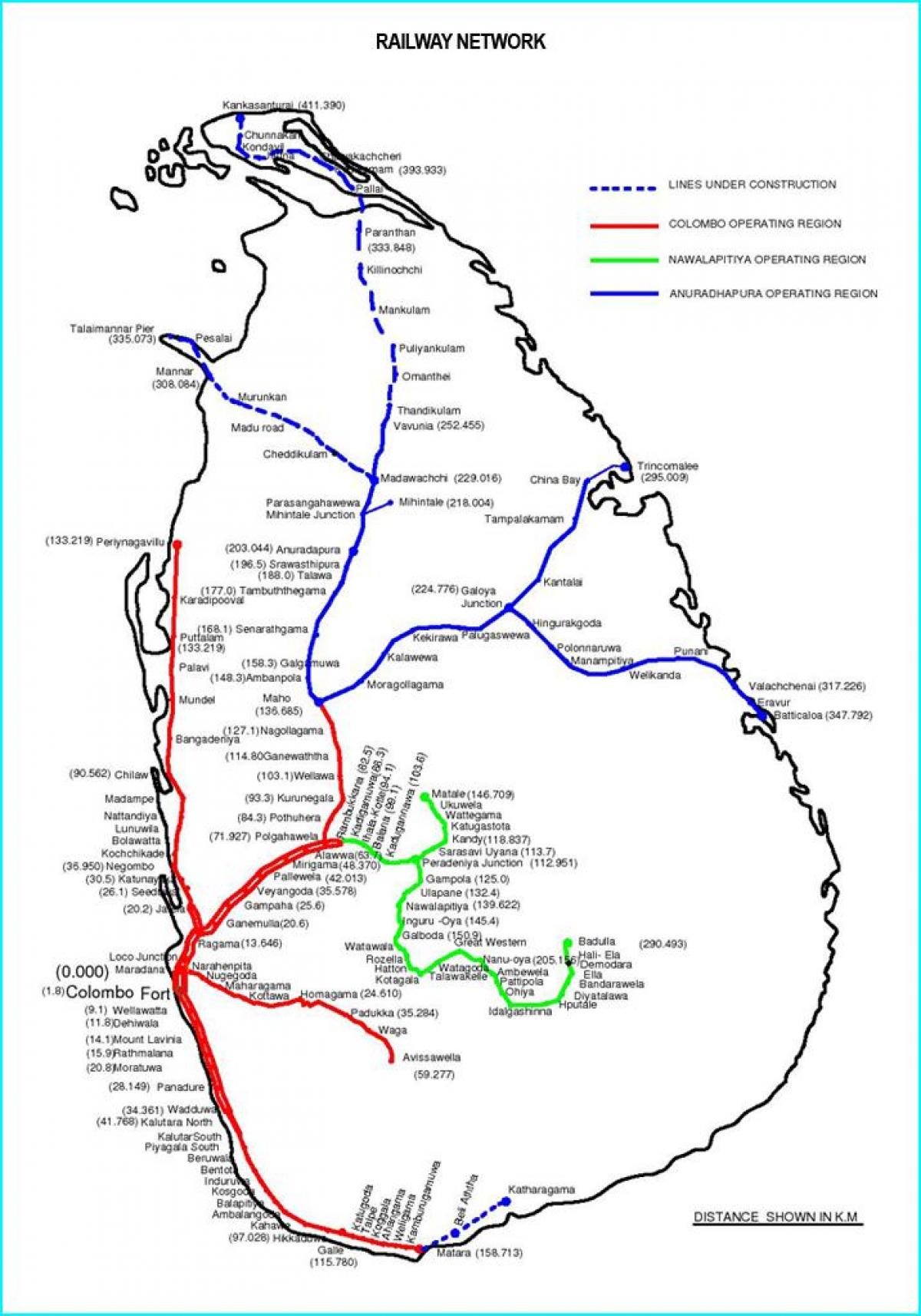 железопътният маршрут от картата на Шри Ланка