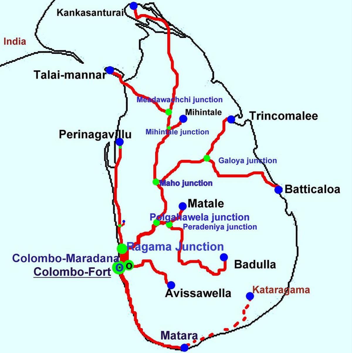 влаковете в Шри Ланка картата